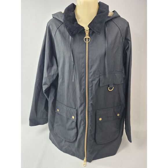 Barbour Women's Black Highclere Hooded Waxed Jacket Coat Size 8 US - Picture 1 of 5
